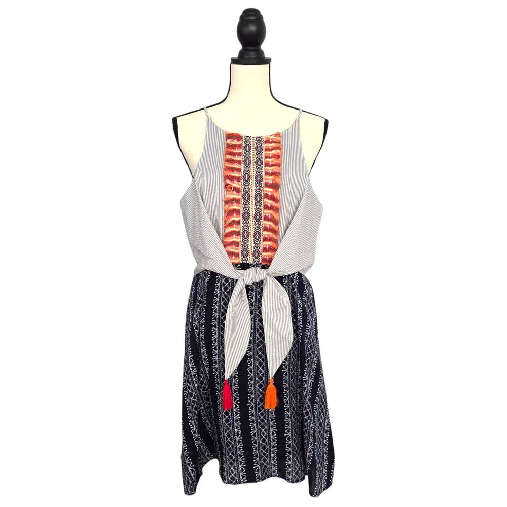THML Seersucker Embroidered Halter Dress L NWT Navy Grey Boho Tassel Fringe